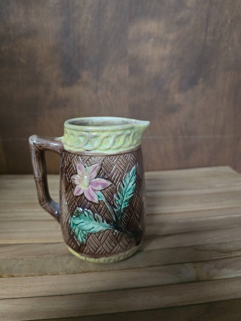 Majolica like Basketweave syrup pitcher